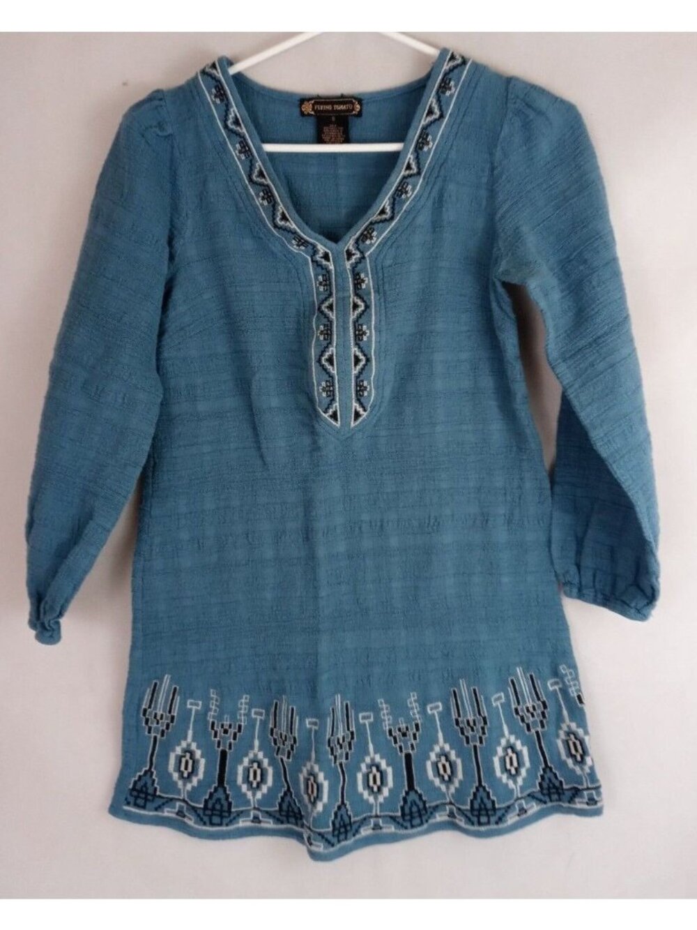 Flying Tomato Blue Boho Blouse With Embroidered Aztec Design Size Small